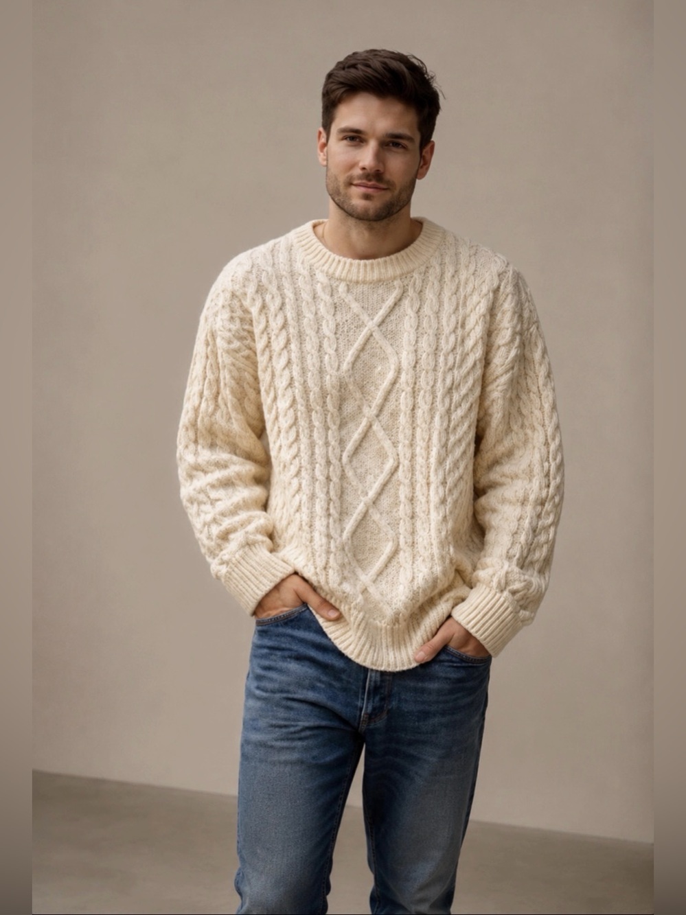 Fisherman sweater men’s mens Cozy Chunky Cable Knit Cream Oatmeal Oversized